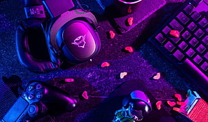 Neon Purple Gaming Setup With Headset Controller Keyboard And Mouse HD wallpaper