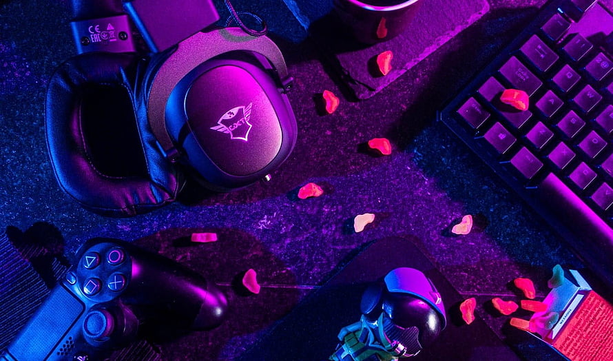 Neon Purple Gaming Setup With Headset Controller Keyboard And Mouse HD wallpaper