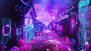 aespa Next Level Neon Fantasy Village with Glowing Flora and Purple Atmosphere HD wallpaper