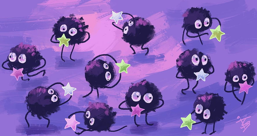 Cute Soot Sprite Characters Holding Stars on a Purple Background HD wallpaper