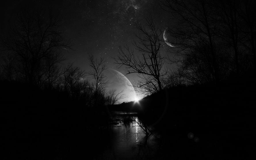 Black and white night landscape with moon, stars, and bare trees over a calm river HD wallpaper