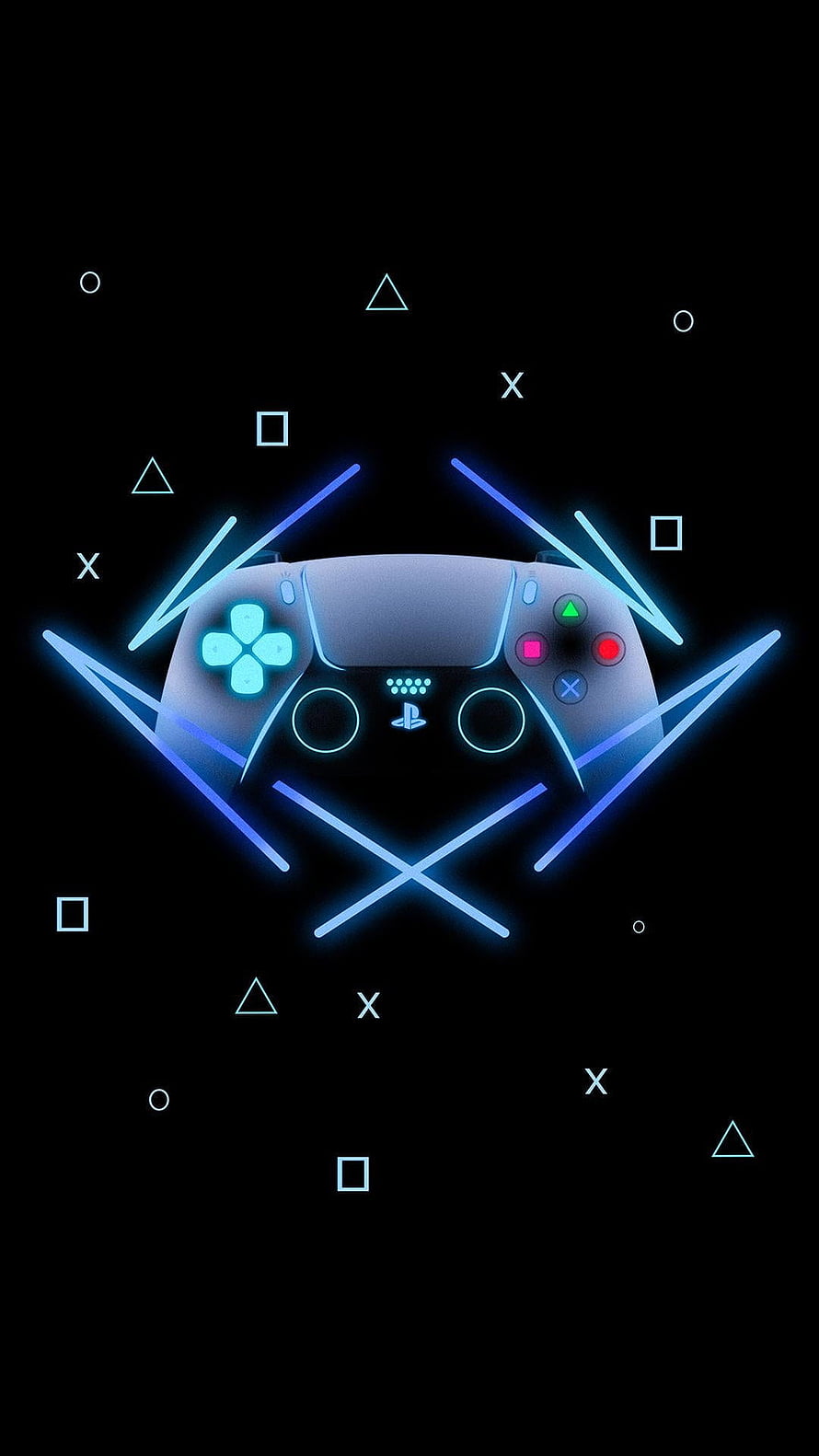Glowing PS5 DualSense Controller with Neon Blue Light Rays and Floating PlayStation Symbols on Black Background HD phone wallpaper