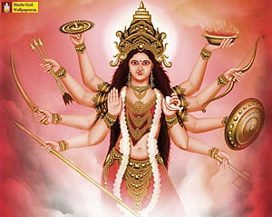 Maa Durga Eight-armed Hindu Goddess with Weapons and Golden Crown HD wallpaper