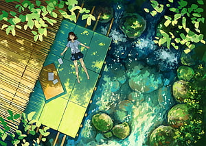 Anime Girl Lying on Bamboo Platform Over Clear Stream in Lush Green Forest HD wallpaper