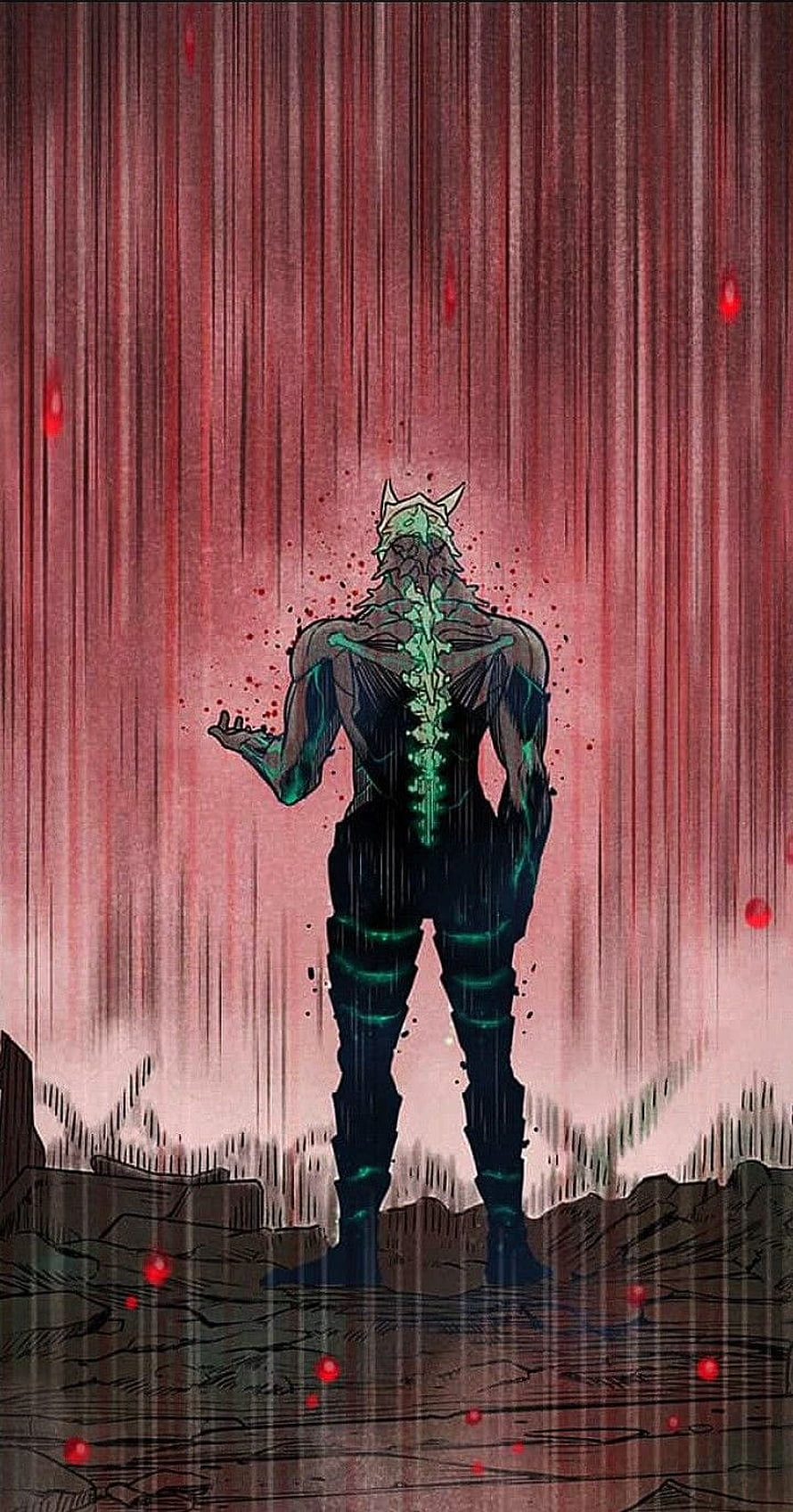 Kaiju No 8 Monster Transformation Scene with Glowing Green Spine and Red Rain HD phone wallpaper