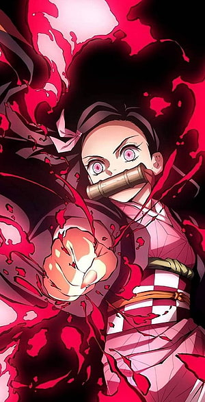 Nezuko Kamado Demon Form with Bamboo Cuff and Red Aura HD phone wallpaper