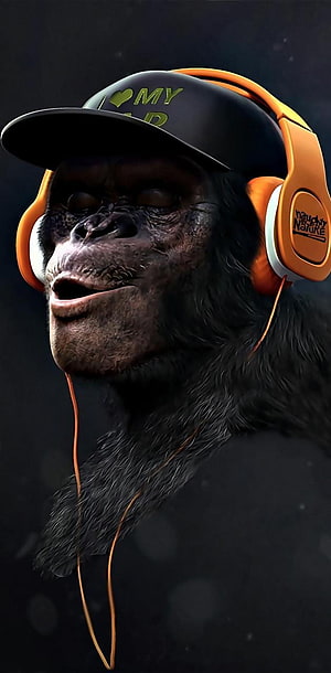 Stylized 3D chimpanzee portrait wearing a black cap and orange headphones against a dark background HD phone wallpaper