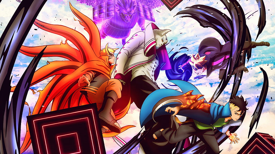 Naruto and Boruto Characters in Dynamic Battle with Otsutsuki and Kawaki HD wallpaper
