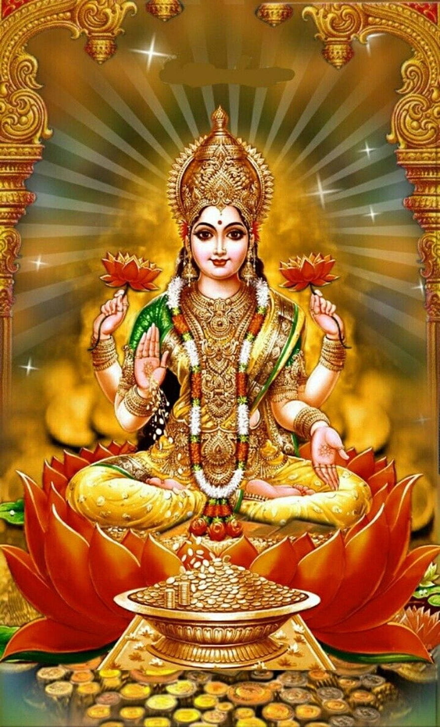 Ashta Lakshmi Devi Seated on Lotus with Gold Coins and Divine Radiance HD phone wallpaper