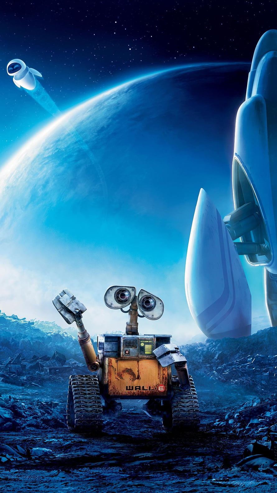 WALL-E and EVE on a desolate Earth with a massive spaceship looming in the background HD phone wallpaper
