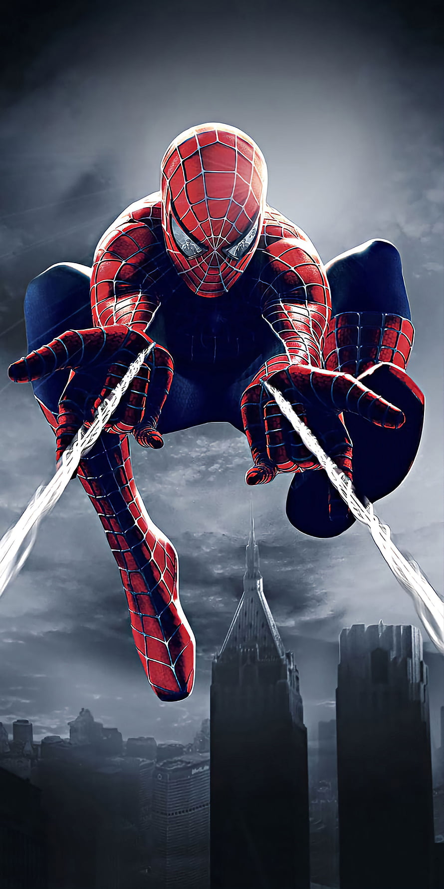 Spider-Man Swinging Through a Dramatic City Skyline in Classic Red and Blue Suit HD phone wallpaper