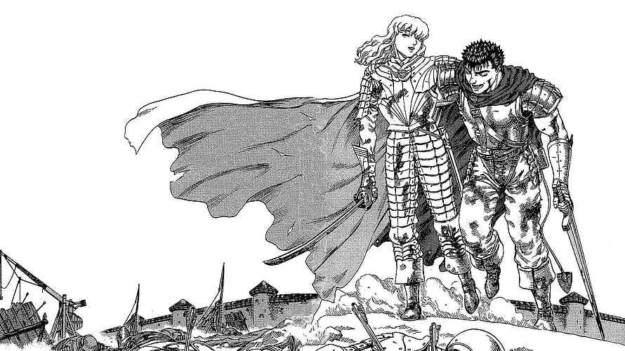 Berserk manga panel of Griffith and Guts walking through a battlefield HD wallpaper