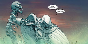 Doctor Doom Confronting a Skeletal Figure in a Dramatic Marvel Comic Panel HD wallpaper