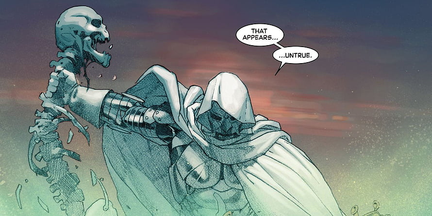 Doctor Doom Confronting a Skeletal Figure in a Dramatic Marvel Comic Panel HD wallpaper