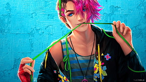 Stylish Anime Boy With Pink Hair Holding Green String Against Blue Wall HD wallpaper