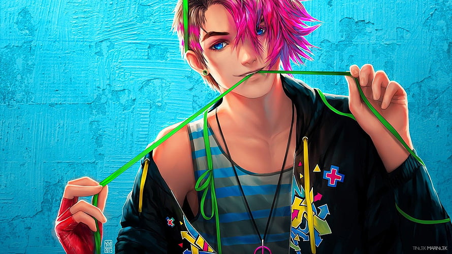 Stylish Anime Boy With Pink Hair Holding Green String Against Blue Wall HD wallpaper