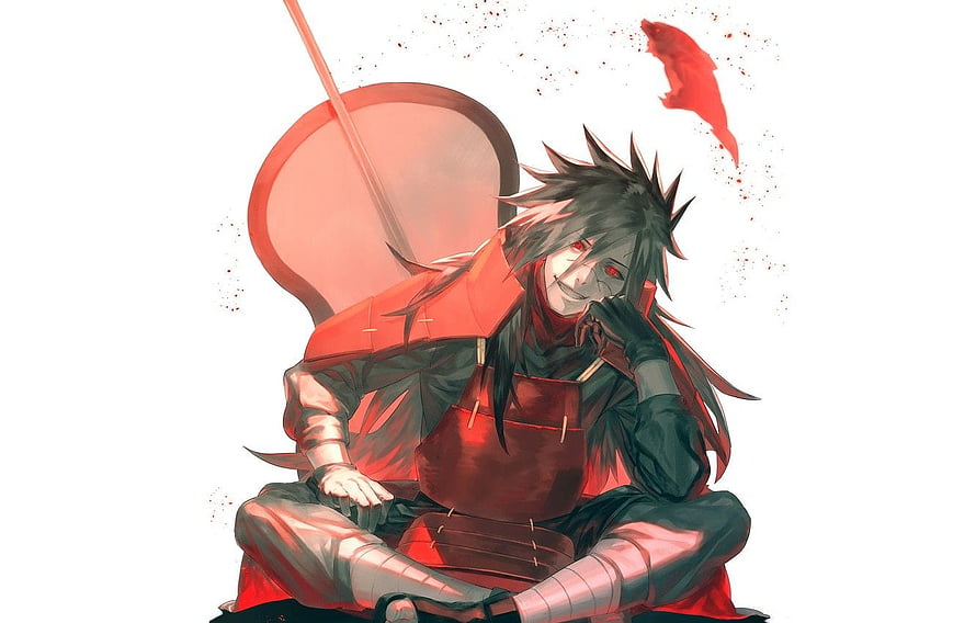 Madara Uchiha Anime Character Sitting With Red Armor and Sword HD wallpaper