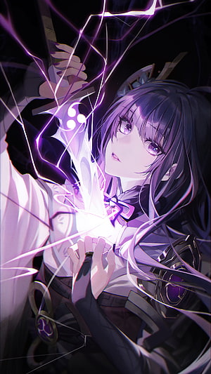 Raiden Shogun Anime Character Channeling Purple Lightning Energy in Dark Fantasy Setting HD phone wallpaper