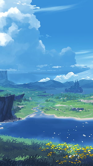 Genshin Impact Teyvat Landscape with Distant Castle and Rolling Green Hills HD phone wallpaper
