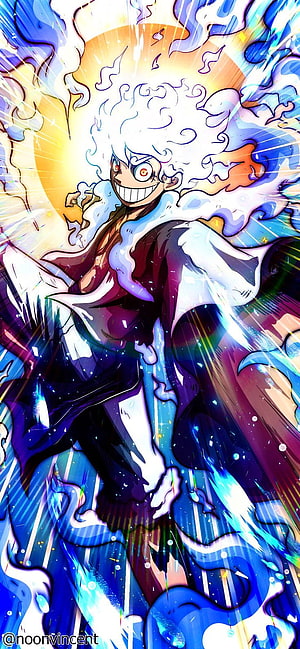 Luffy Gear 5 Anime Character with White Hair and Energetic Blue Aura HD phone wallpaper
