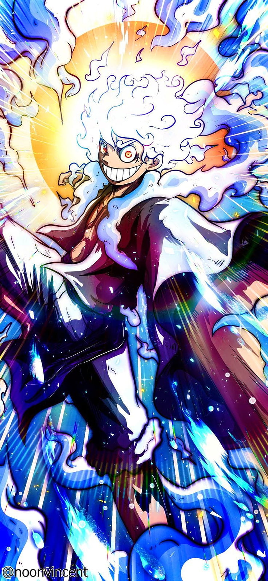 Luffy Gear 5 Anime Character with White Hair and Energetic Blue Aura HD phone wallpaper