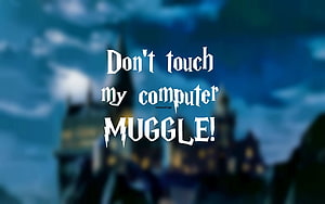 Harry Potter Hogwarts Castle at Dusk with Muggle Warning Text Overlay HD wallpaper