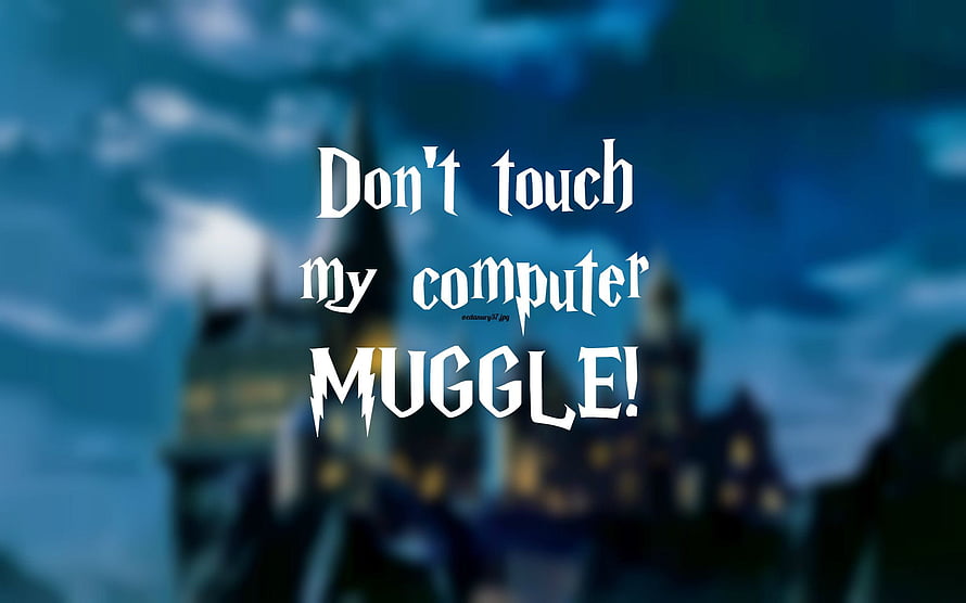 Harry Potter Hogwarts Castle at Dusk with Muggle Warning Text Overlay HD wallpaper