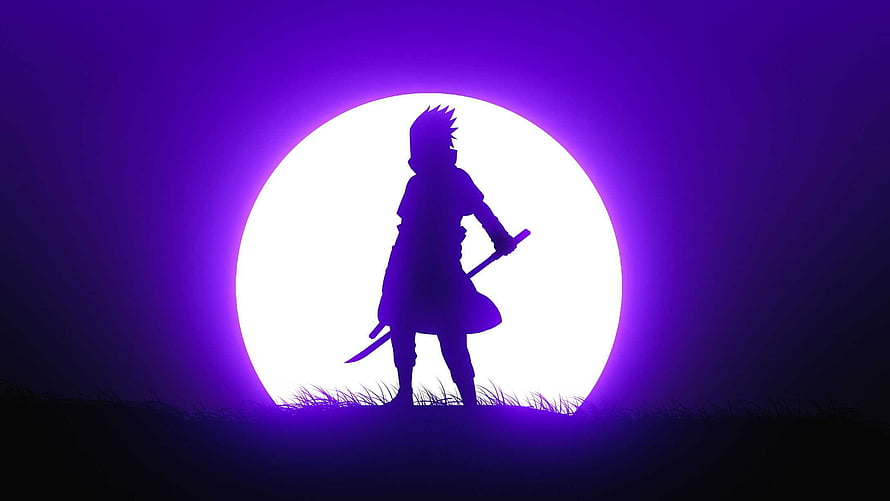 Sasuke Uchiha Silhouette Standing Before a Glowing Purple Moon in a Dark Landscape HD wallpaper