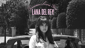 Lana Del Rey in Black and White Portrait with Vintage Convertible Car and Garden Setting HD wallpaper
