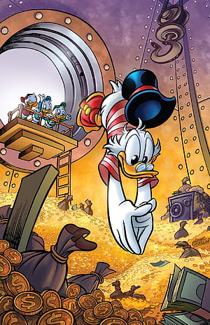Scrooge McDuck Standing in a Mountain of Gold Coins with Nephews Watching HD phone wallpaper