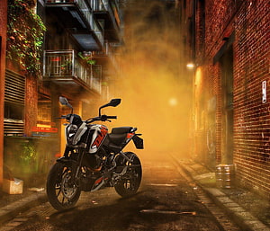 KTM Duke Motorcycle Parked in a Misty Urban Alleyway at Dusk HD wallpaper