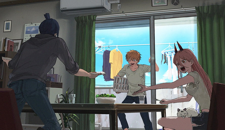 Chainsaw Man Anime Scene: Denji and Power in a Cozy Apartment Setting HD wallpaper