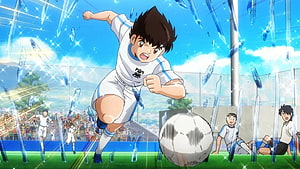 Captain Tsubasa Anime Scene: Dynamic Soccer Kick with Shattering Ice Effects on a Bright Stadium Field HD wallpaper