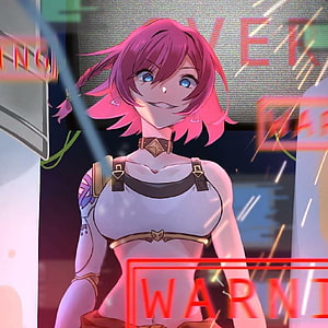 Beatrix from Mobile Legends Bang Bang in a neon cyberpunk setting with glowing warning signs HD phone wallpaper