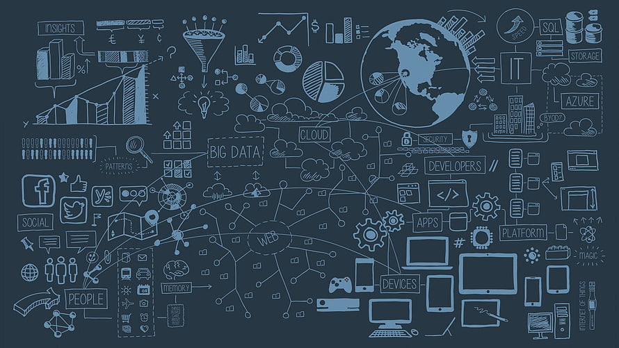 Hand-drawn digital technology and big data concept illustration on dark background HD wallpaper