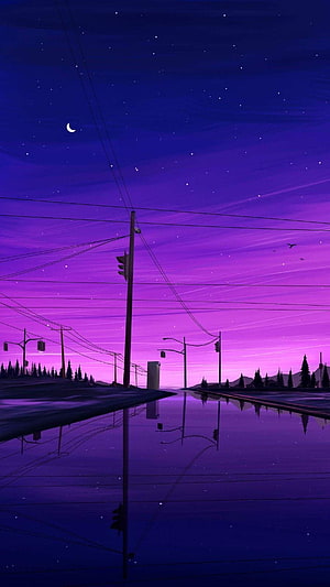 Purple Twilight Street Scene with Crescent Moon and Water Reflections HD phone wallpaper