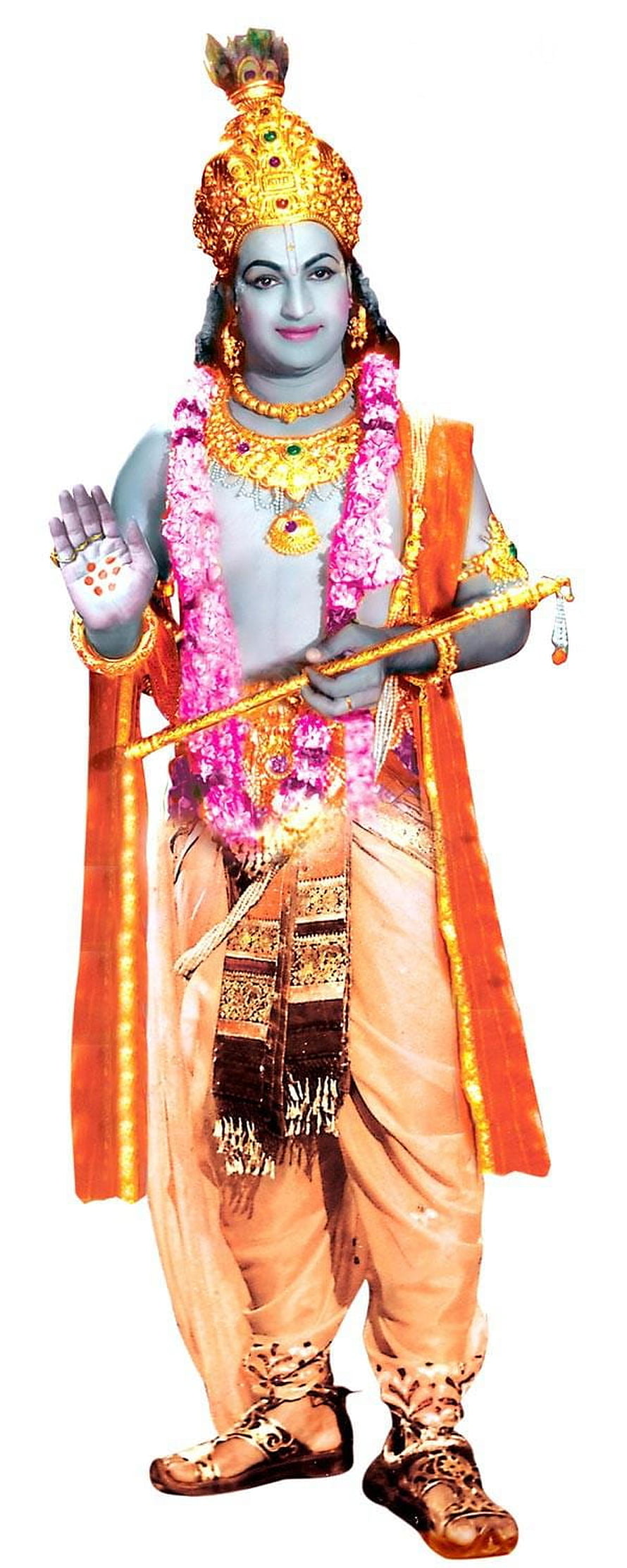 Lord Krishna Murti with Golden Crown, Flower Garland, and Flute in Traditional Attire HD phone wallpaper