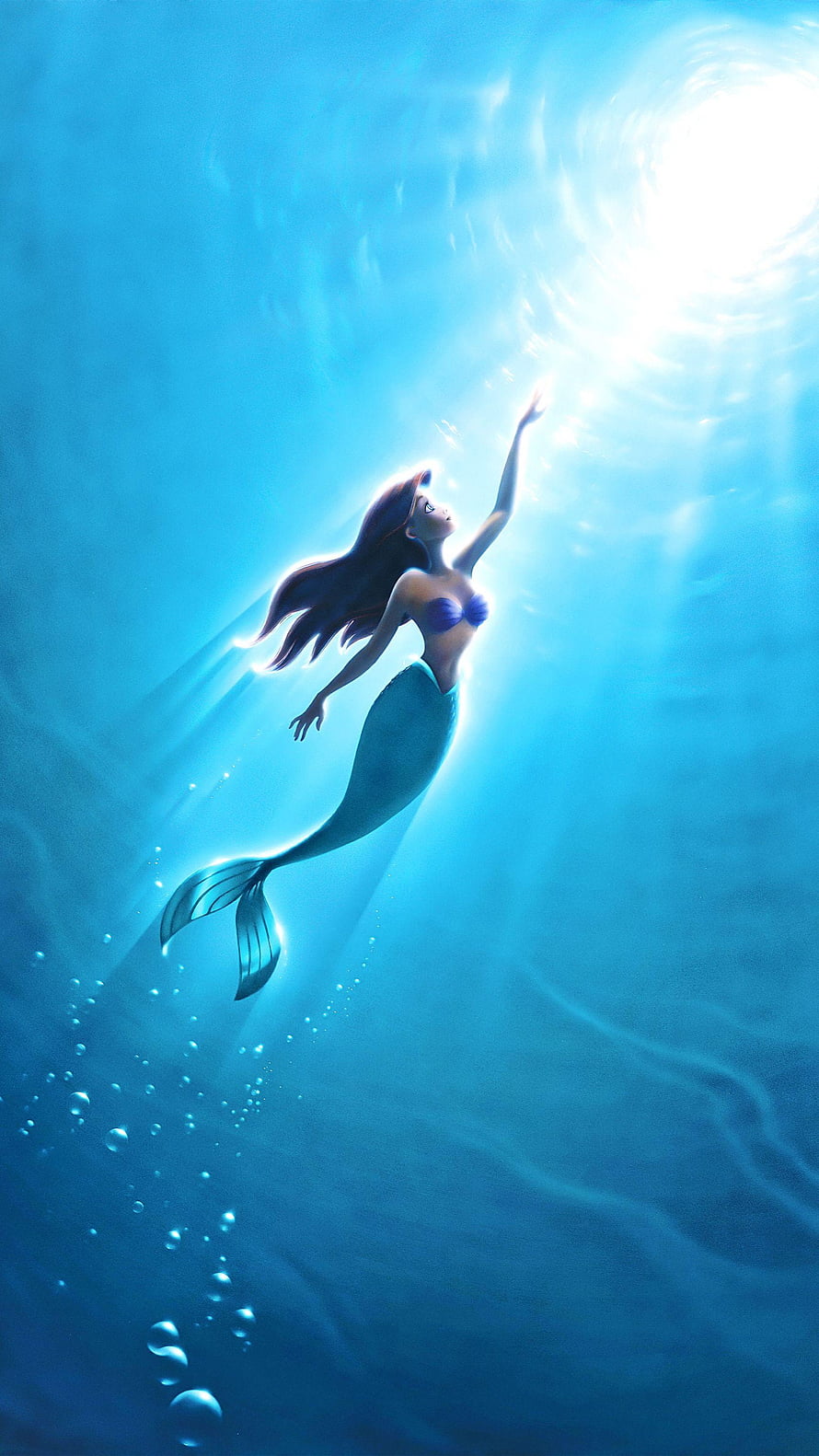 Ariel from The Little Mermaid Reaching Toward Sunlight in Deep Blue Ocean Waters HD phone wallpaper