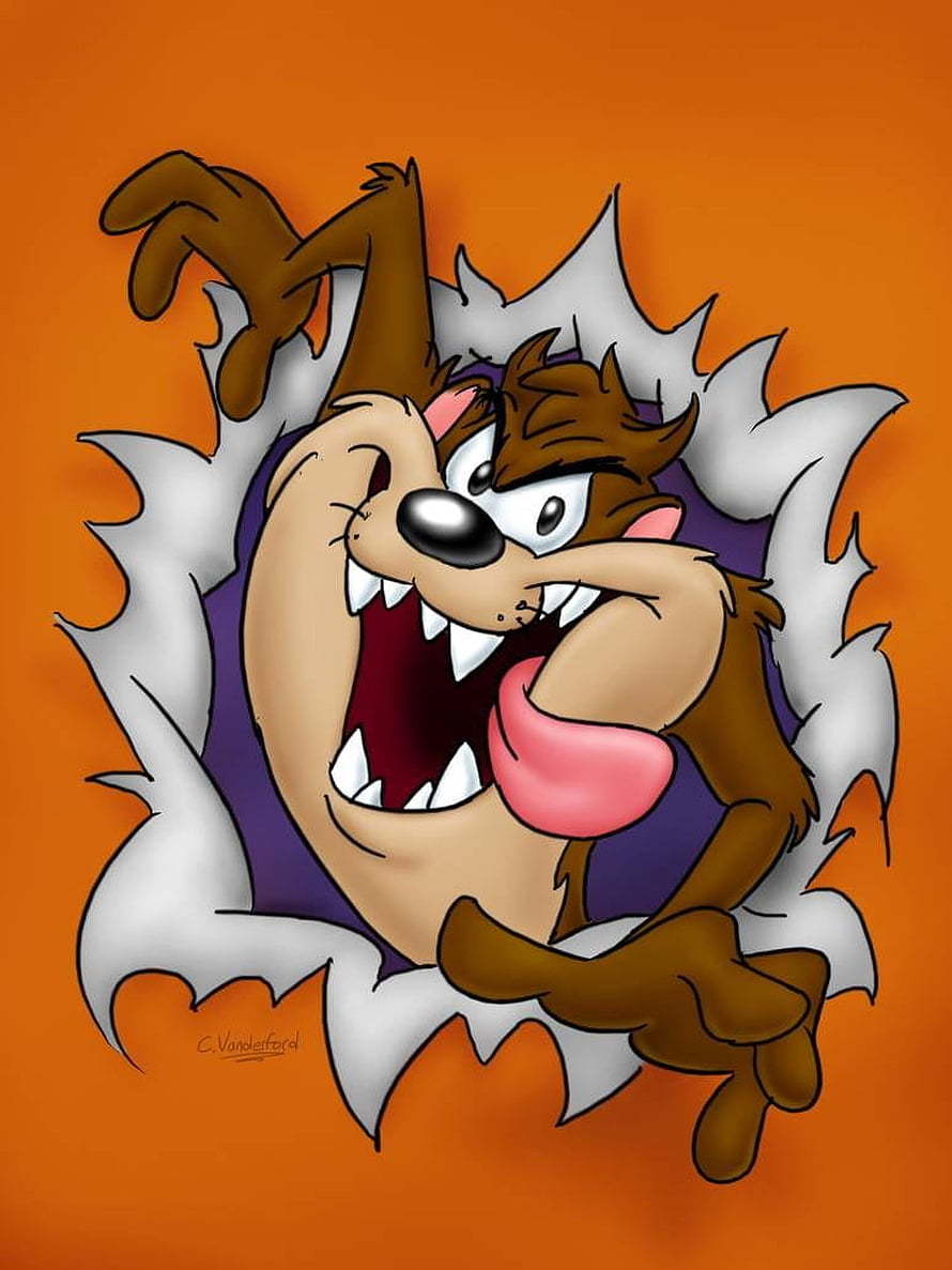 Tasmanian Devil Cartoon Character Bursting Through Torn Paper on Orange Background HD phone wallpaper