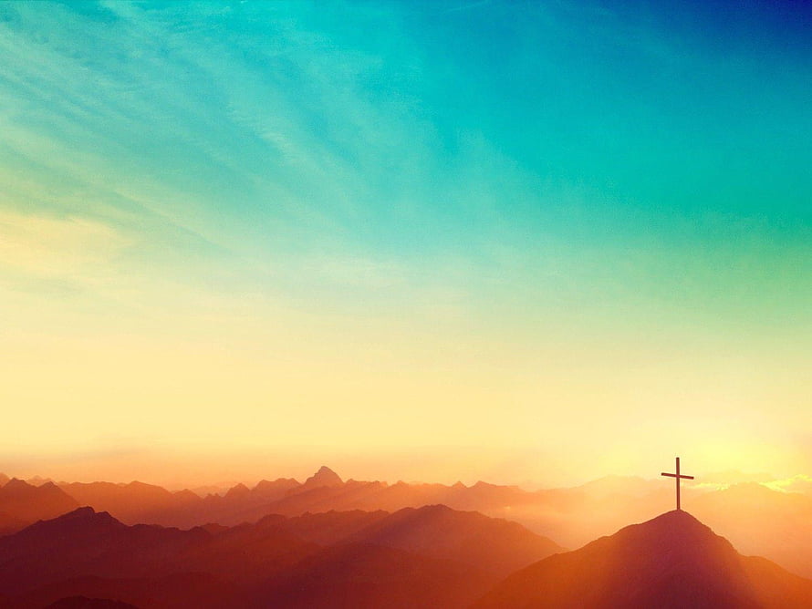 Serene Mountain Sunrise With Cross Silhouette Against Vibrant Gradient Sky HD wallpaper