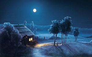 Cozy Rural Cabin Under a Full Moon in a Snowy Winter Night Landscape HD wallpaper