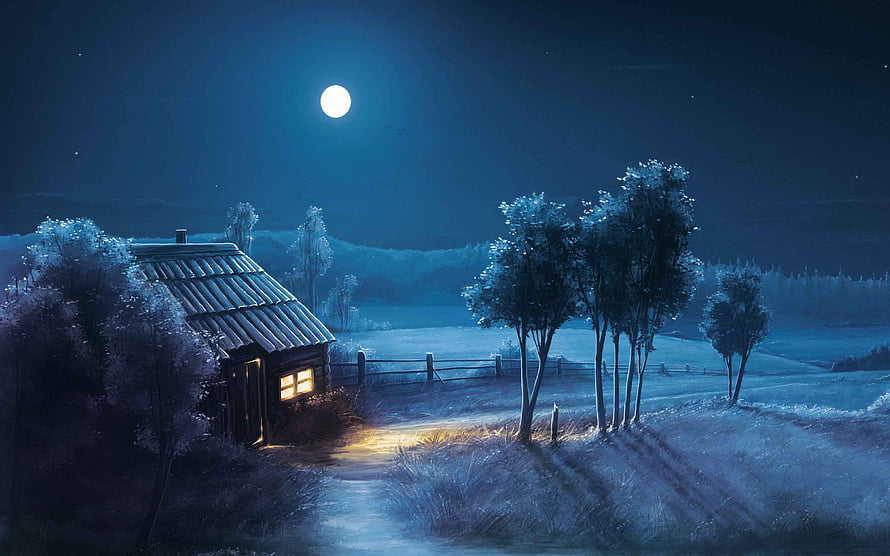 Cozy Rural Cabin Under a Full Moon in a Snowy Winter Night Landscape HD wallpaper