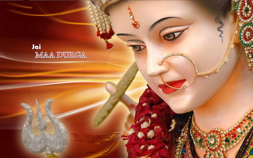 Maa Durga Devotional Portrait with Trishul and Traditional Indian Jewelry HD wallpaper