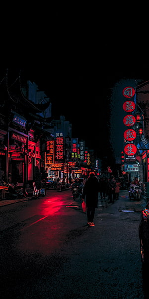 Neon-Lit Chinese Street at Night with Red Signage and Pedestrians HD phone wallpaper