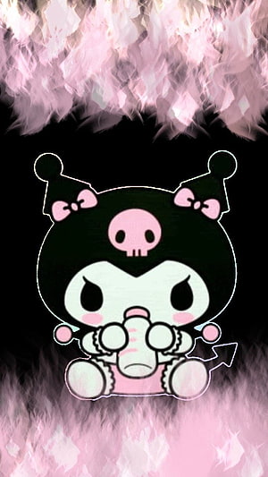 Kuromi Character Art with Pink Skull and Bows on Black Background HD phone wallpaper