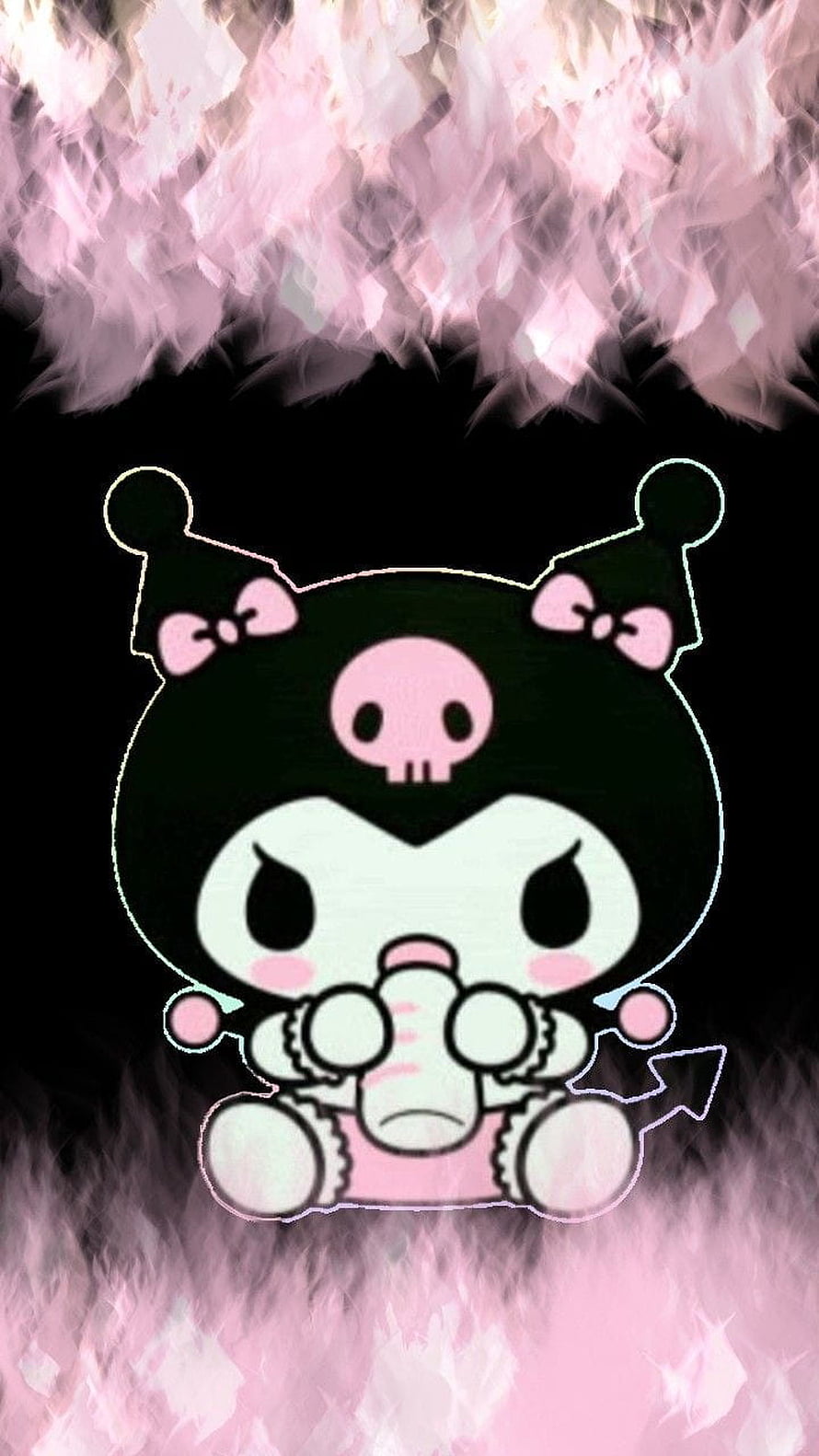 Kuromi Character Art with Pink Skull and Bows on Black Background HD phone wallpaper