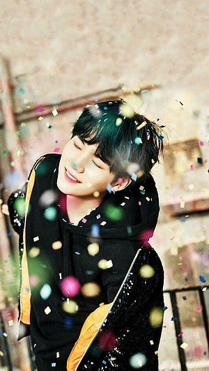 BTS Suga Smiling With Confetti in Black Hoodie and Sequined Jacket HD phone wallpaper