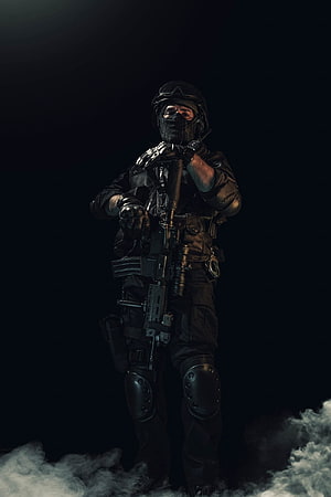 Tactical Special Forces Soldier in Full Combat Gear with Rifle and Smoke HD phone wallpaper