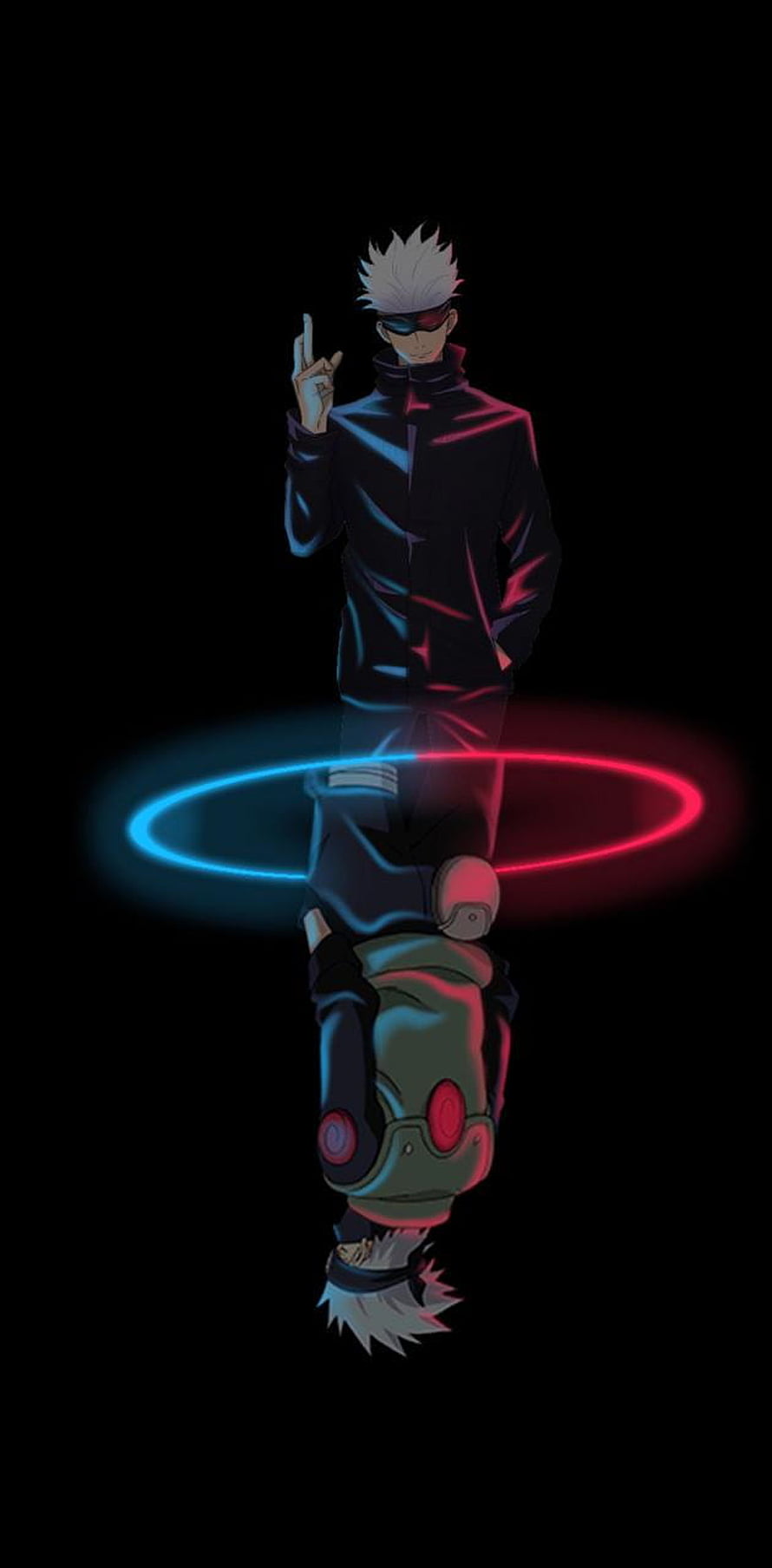 Gojo and Kakashi Neon Reflection Artwork on Black Background HD phone wallpaper