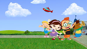Little Einsteins Characters Dancing on a Sunny Meadow with Rocket Ship in the Sky HD wallpaper